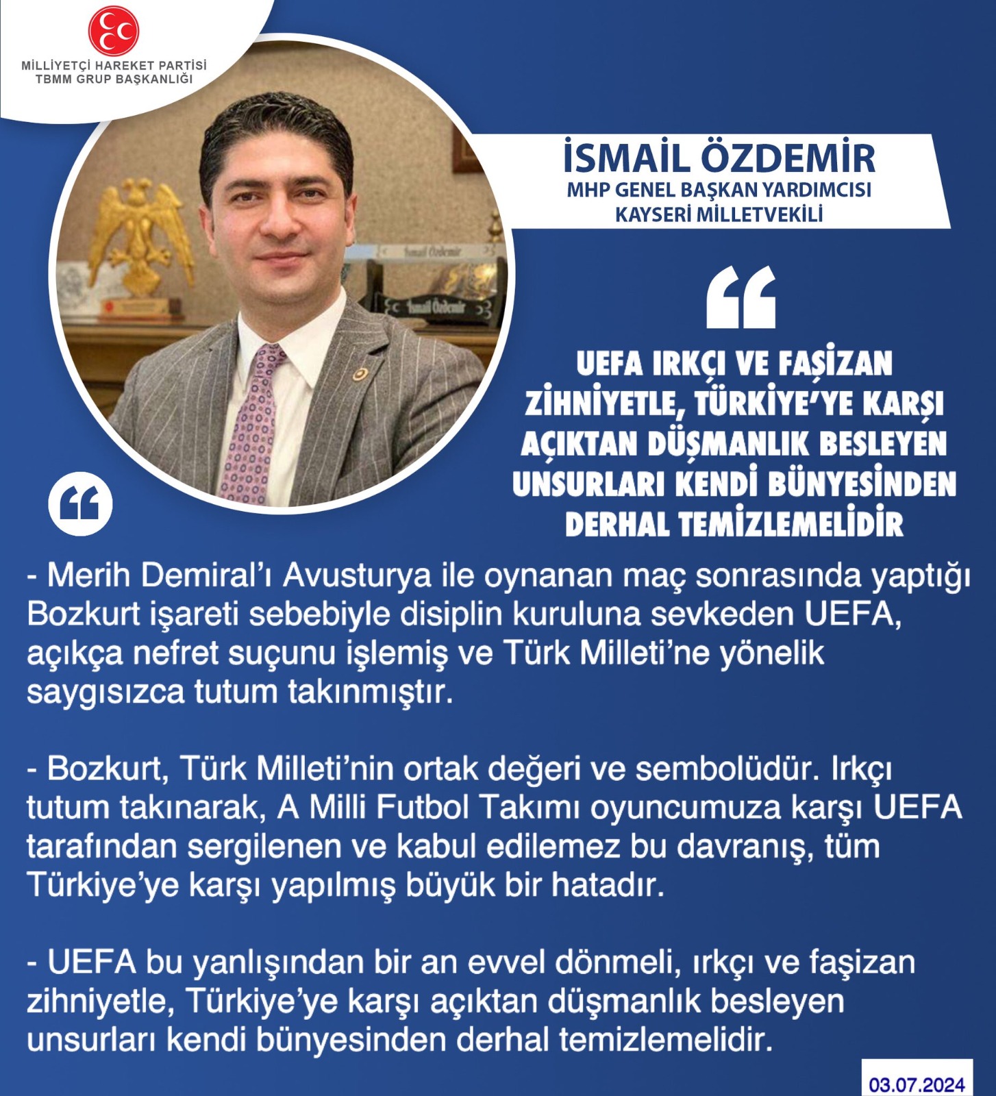 Milletvekili Özdemir: “UEFA, Türkiye’ye karşı açıktan düşmanlık besleyen unsurlardan kendini temizlemelidir”